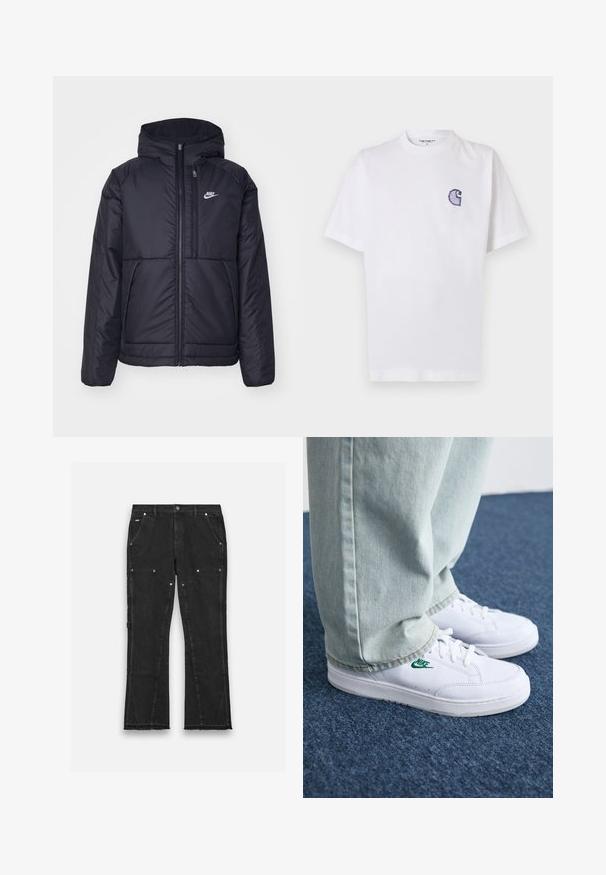 Must musta Nike jope, millel on ees lukuga avamine ja kapuuts. Vasakpoolne rind on kaunistatud valge logoga ning ees on kaks taskut. Sile välimine tekstuur.; Valge puuvillane t-särk lühikeste varrukatega, ümara kaelusega ja vasakul rinnal väike tikitud sinine "C" logo.; Mustavad denim püksid sirge lõikega, millel on kaks eesmist taskut, metallist detailid ja toorämber lõpptulemuses.; Valged nahast tennisetossud rohelise Nike logo ja ümarate varvastega, lamedate taldadega, koos helesiniste teksapükstega, esitatud sinisel vaibal.