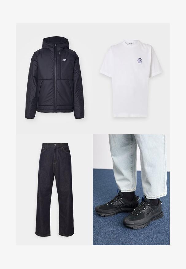 Melna, pufota Nike jaka ar priekšējo rāvējslēdzēju un kapuci. Iezīmēta ar baltu logotipu uz kreisās krūtis un divām priekšējām kabatām. Gluda ārējā tekstūra.; Balts kokvilnas T-krekls ar īsām piedurknēm, apaļu kakla izgriezumu un nelielu izšūtu zilu "C" logotipu kreisajā krūšu daļā.; Tumši zili taisni džinsi ar dzelteniem diegiem, priekšējais pogas aizdare, rāvējslēdzēja aizdare un piecu kabatu dizains.; Melni sporta apavi ar strukturētu audumu un gumijas zoli, ar elastīgām auklām un zilu akcentu uz papēža. Nēsāti ar gaišām džinsu biksēm.