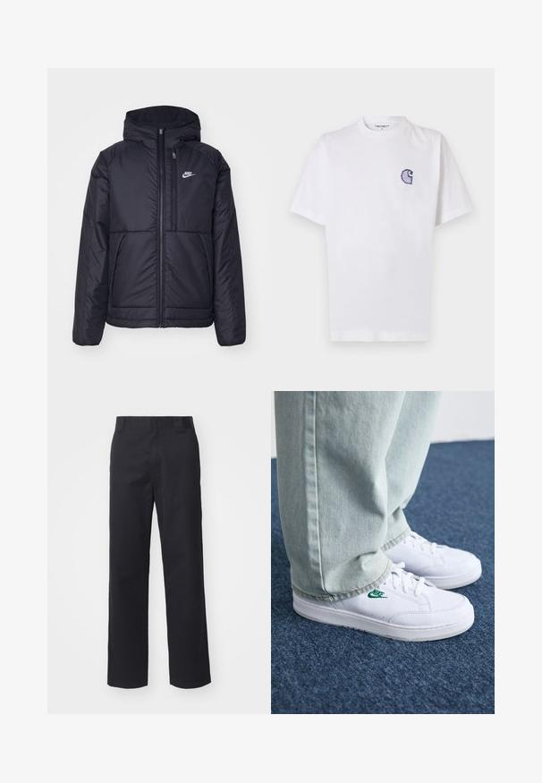 Μαύρο, επενδυμένο μπουφάν Nike με μπροστινό φερμουάρ και κουκούλα. Διαθέτει λευκό λογότυπο στο αριστερό στήθος και διπλές μπροστινές τσέπες. Λείο εξωτερικό υλικό.; Άσπρο βαμβακερό t-shirt με κοντά μανίκια, στρογγυλή λαιμόκοψη και μικρό, κεντητό μπλε λογότυπο "C" στην αριστερή πλευρά του στήθους.; Μαύρο παντελόνι με ίσια γραμμή, φτιαγμένο από ύφασμα βαμβακερού με μείγμα. Διαθέτει επίπεδη μέση με θηλιές ζώνης και χωρίς ορατές αξεσουάρ ή στολίδια.; Λευκά δερμάτινα sneakers με πράσινο λογότυπο Nike, στρογγυλή μύτη, επίπεδη σόλα, συνδυασμένα με ανοιχτό μπλε τζην παντελόνι, τοποθετημένα σε μπλε χαλί.