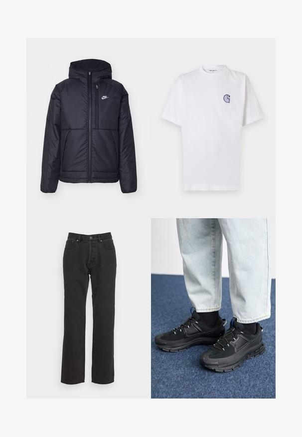 Must musta Nike jope, millel on ees lukuga avamine ja kapuuts. Vasakpoolne rind on kaunistatud valge logoga ning ees on kaks taskut. Sile välimine tekstuur.; Valge puuvillane t-särk lühikeste varrukatega, ümara kaelusega ja vasakul rinnal väike tikitud sinine "C" logo.; Mustad denim püksid sirge sääre disainiga, millel on ees nupuga sulgemine, vöörihmade niidid ja kaks külgtaskut. Tekstuuriga kangas.; Mustad mustad jooksukingad, millel on tekstureeritud kangas ja kummist tallad, elastsed nöörid ning sinine aksent kandadel. Kandmine heledate teksadega.