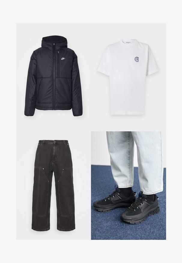 Fekete, párnázott Nike dzseki elülső cipzárral és kapucnival. A bal mellen fehér logó található, valamint két elülső zseb. Simának tűnő külső felület.; Fehér pamut póló rövid ujjakkal, kerek nyakkivágással és egy kis, hímzett kék "C" logóval a bal mellrészen.; Carhartt WIP NASH PANT SMITH - Laza szabású farmerek - black stone washed; Fekete sportcipők texturált anyaggal és gumitalppal, elasztikus fűzőkkel és kék kiegészítővel a saroknál. Világos farmernadrággal viselve.