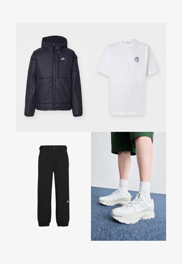 Fekete, párnázott Nike dzseki elülső cipzárral és kapucnival. A bal mellen fehér logó található, valamint két elülső zseb. Simának tűnő külső felület.; Fehér pamut póló rövid ujjakkal, kerek nyakkivágással és egy kis, hímzett kék "C" logóval a bal mellrészen.; Fekete nadrág, könnyű anyagból készült, laza szabású, rugalmas szegéllyel, övlyukakkal és egy kis színes logóval a lábszár alsó részén.; Fehér sportcipők texturált burkolattal, vastag talppal és szürke részletekkel. Fehér sportzoknival és zöld rövidnadrággal viselve, kék felületen.