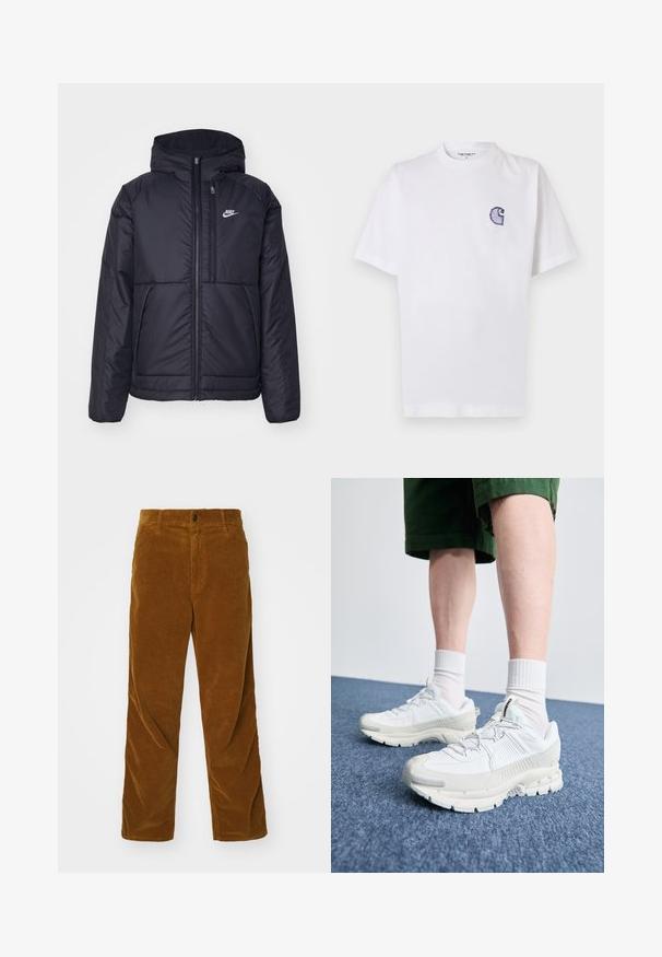 Sort, polstret Nike-jakke med frontlynlås og hætte. Har et hvidt logo på venstre bryst og to frontlommer. Glat ydre tekstur.; Hvid bomuld t-shirt med korte ærmer, rund halsudskæring og et lille, broderet blåt "C"-logo på venstre side af brystet.; Carhartt WIP SINGLE KNEE PANT - Bukser - deep brown rinsed; Hvide atletiske sko med teksturerede overlays, en chunky sål og grå accenter. Båret med hvide ankelstrømper og grønne shorts på en blå overflade.