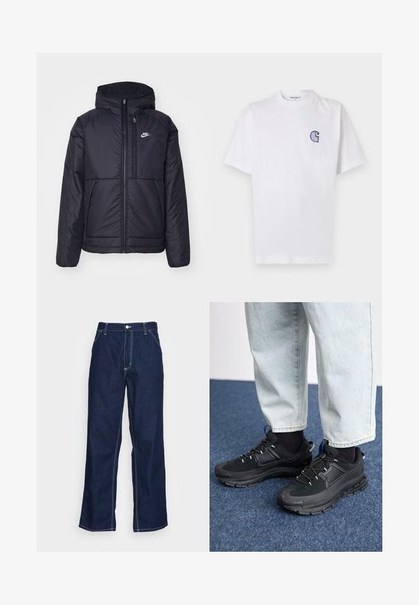 Casaco Nike preto, acolchoado, com fecho à frente e capuz. Apresenta um logo branco no lado esquerdo do peito e dois bolsos frontais. Textura exterior lisa.; T-shirt branca de algodão com mangas curtas, decote redondo e um pequeno logotipo azul "C" bordado no lado esquerdo do peito.; Calças de ganga azul-escuro com pernas largas, com uma cintura alta, bolsos frontais e costura branca em contraste ao longo das costuras.; Sapatilhas desportivas pretas com tecido texturizado e solas em borracha, apresentando atacadores elásticos e um detalhe azul no calcanhar. Usadas com calças de ganga claras.