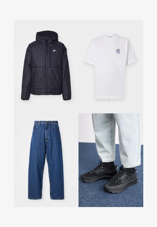 Svart, polstret Nike-jakke med frontglidelås og hette. Har en hvit logo på venstre bryst og doble frontlommer. Glatt ytterside.; Hvit bomulls-T-skjorte med korte ermer, rund hals og en liten, brodert blå "C"-logo på venstre brystområde.; Jeans i denim med vid ben i mørk blå. Har høy midje, beltehemper og klassisk fem-lomme-design. Sydd kant med en ren finish.; Svarte sportssko med teksturert stoff og gummisåler, med elastiske lisser og en blå detalj på hælen. Brukt med lyse denimbukser.