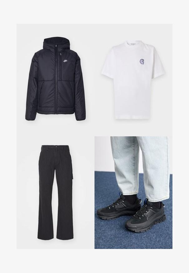 Must musta Nike jope, millel on ees lukuga avamine ja kapuuts. Vasakpoolne rind on kaunistatud valge logoga ning ees on kaks taskut. Sile välimine tekstuur.; Valge puuvillane t-särk lühikeste varrukatega, ümara kaelusega ja vasakul rinnal väike tikitud sinine "C" logo.; Mustat triibulised laiad püksid, millel on tasane eesmine osa, kõrge vöökoht ja küljetaskud, valmistatud tekstuurilisest kangast, millel on kontrastsed triibud.; Mustad mustad jooksukingad, millel on tekstureeritud kangas ja kummist tallad, elastsed nöörid ning sinine aksent kandadel. Kandmine heledate teksadega.