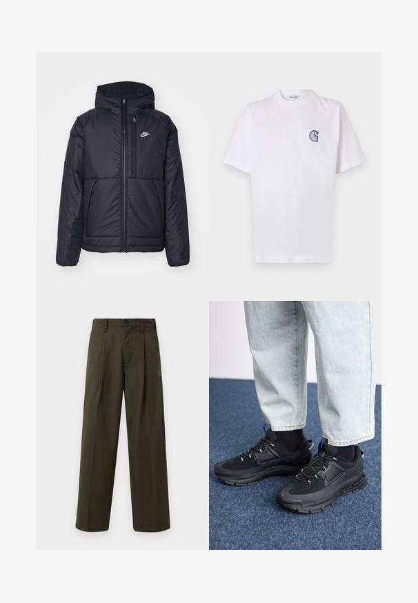 Fekete, párnázott Nike dzseki elülső cipzárral és kapucnival. A bal mellen fehér logó található, valamint két elülső zseb. Simának tűnő külső felület.; Fehér pamut póló rövid ujjakkal, kerek nyakkivágással és egy kis, hímzett kék "C" logóval a bal mellrészen.; Olíva zöld, pamut anyagból készült, sima textúrájú, bőszárú nadrág, elülső zsebbel, övhurkokkal és egysoros gombzárral.; Fekete sportcipők texturált anyaggal és gumitalppal, elasztikus fűzőkkel és kék kiegészítővel a saroknál. Világos farmernadrággal viselve.