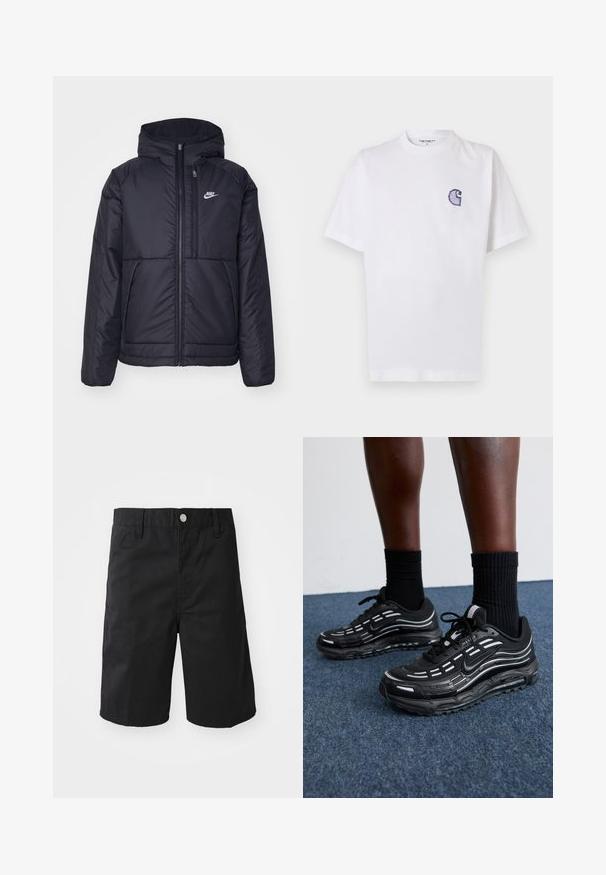 Zwarte, gewatteerde Nike-jas met een voorkant met ritssluiting en capuchon. Kenmerkt zich door een wit logo op de linkerborst en dubbele frontzakken. Gladde buitenkant.; Wit katoenen T-shirt met korte mouwen, ronde hals en een klein, geborduurd blauw "C"-logo op het linker borstgebied.; Zwarte katoenen shorts met een rechte snit, riemlussen, een metalen knoopsluiting en zonder zichtbare patronen of accenten.; Zwarte Nike-schoenen hebben een bovenwerk van mesh met accentstreepjes, getextureerde veters en een zwarte rubberen zool. Draag ze met zwarte geribde sokken.