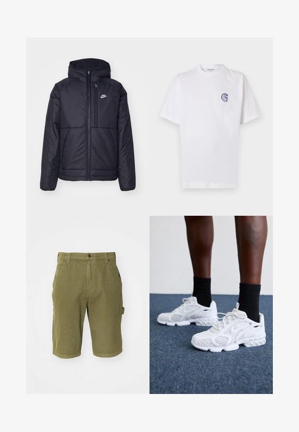 Juodas, paminkštintas Nike džemperis su priekyje užtrauktuku ir gobtuvu. Pasižymi balta logo kairėje krūtinės pusėje ir dviem priekinėmis kišenėmis. Su lygiu išoriniu paviršiumi.; Baltas medvilninis marškinėlis trumpomis rankovėmis, apvalia iškirpte ir mažu siuvinėtu mėlynu „C“ logotipu kairėje krūtinės pusėje.; Alyvuogių žalumo medvilnės cargo šortai su mygtukų uždarymu, dirželio kilpomis, šoninėmis kišenėmis ir šiek tiek tekstūruotu audinio apdaila.; Baltos sportiniai bateliai su tinkline viršutine dalimi, tekstūruotais akcentais ir paminkštintu padu. Puikiai derančios su juodomis klasikinių kojinių iki kulkšnies ant mėlynos kiliminės dangos.