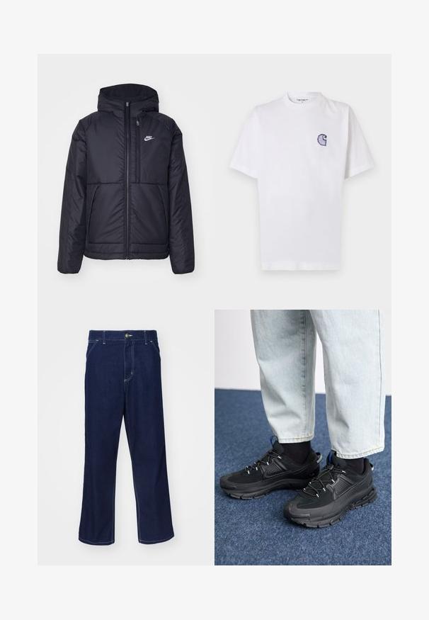 Jachetă Nike neagră, căptușită, cu fermoar pe față și glugă. Prezintă un logo alb pe pieptul stâng și două buzunare frontale. Textură exterioară netedă.; Tricou alb din bumbac, cu mâneci scurte, guler rotund și un mic logo brodat albastru "C" pe partea stângă a pieptului.; Pantaloni din denim albastru închis cu un design drept, având detalii de cusătură deschisă și închidere cu nasture în față. Textură netedă.; Pantofi sport negri, cu țesătură texturată și tălpi din cauciuc, având șireturi elastice și un accent albastru pe toc. Purtați cu pantaloni din denim deschis.