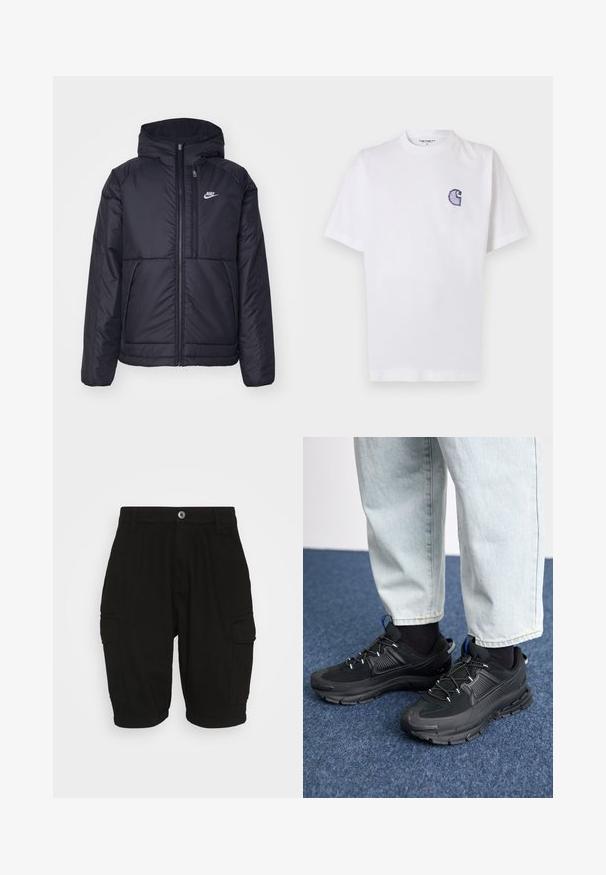 Svart, vadderad Nike-jacka med dragkedja framtill och huva. Har en vit logotyp på vänster bröst och dubbla framfickor. Slät yttextur.; Vitt bomullst-shirt med korta ärmar, rund halsringning och en liten, broderad blå "C"-logga på vänster bröst.; Svarta cargo-shorts i bomull med rak passform, med två sidfickor och knappstängning fram.; Svarta sportskor med texturerat tyg och gummisulor, med elastiska snörningar och en blå detalj på hälen. Bärs med ljusa jeans.