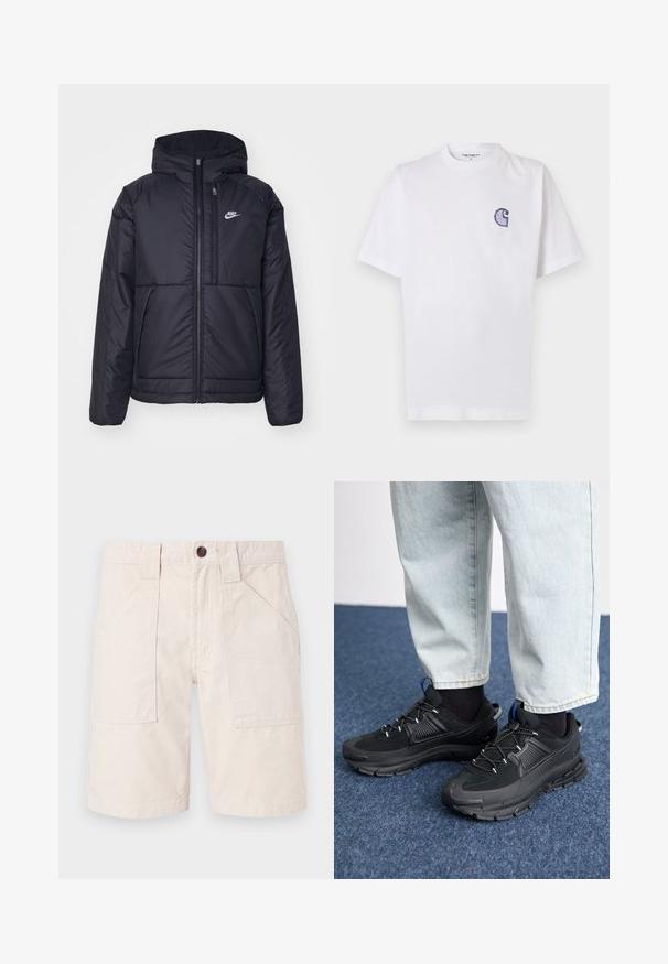 Zwarte, gewatteerde Nike-jas met een voorkant met ritssluiting en capuchon. Kenmerkt zich door een wit logo op de linkerborst en dubbele frontzakken. Gladde buitenkant.; Wit katoenen T-shirt met korte mouwen, ronde hals en een klein, geborduurd blauw "C"-logo op het linker borstgebied.; Beige katoenen shorts met een rechte snit, twee zijzakken, een tailleband met riemlussen en een bruine knoopsluiting.; Zwarte sportschoenen met gestructureerde stof en rubberen zolen, met elastische veters en een blauwe accent op de hiel. Draag samen met lichte spijkerbroeken.