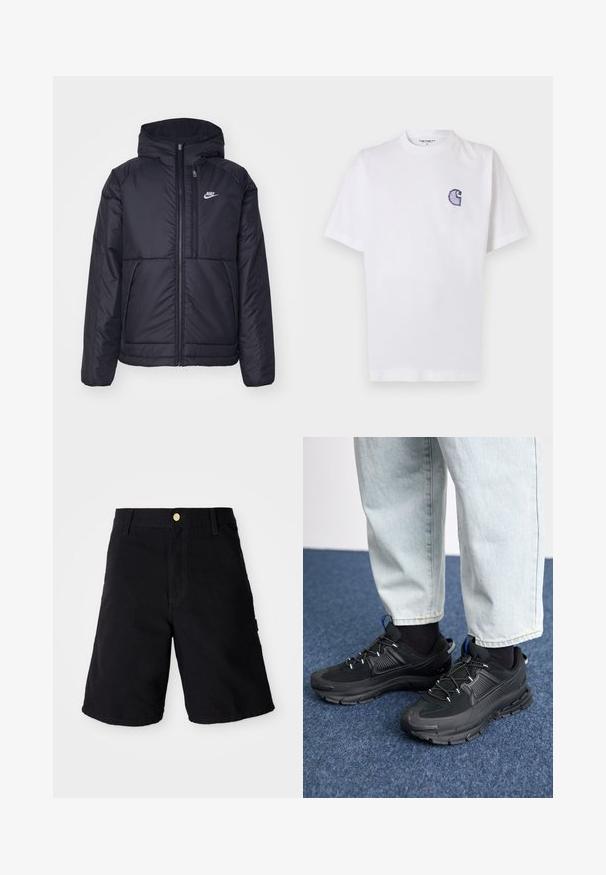 Must musta Nike jope, millel on ees lukuga avamine ja kapuuts. Vasakpoolne rind on kaunistatud valge logoga ning ees on kaks taskut. Sile välimine tekstuur.; Valge puuvillane t-särk lühikeste varrukatega, ümara kaelusega ja vasakul rinnal väike tikitud sinine "C" logo.; Mustad teksaste lõikega mustad lühikesed püksid nupuga kinni, küljetaskud ja tugevdatud õmblused vastupidavuse tagamiseks.; Mustad mustad jooksukingad, millel on tekstureeritud kangas ja kummist tallad, elastsed nöörid ning sinine aksent kandadel. Kandmine heledate teksadega.