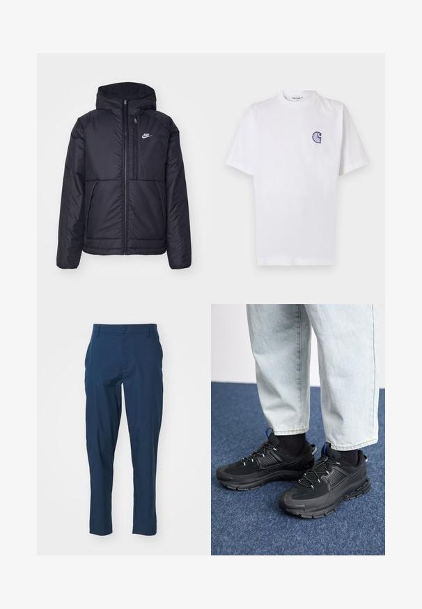 Crna Nike jakna s podstavom, dugmadi sprijeda i kapuljačom. Ima bijeli logotip na lijevoj strani prsnog koša i dva prednja džepa. Glatka vanjska tekstura.; Bijela pamučna majica kratkih rukava, s okruglim izrezom i malim, plavim izvezenim logom "C" na lijevoj strani prsa.; Mornarskoplave hlače s glatkim materijalom, uskog kroja, s prednjim džepovima i jednim kopčanjem na struku. Bez vidljivih uzoraka.; Crne atletske cipele s teksturiranom tkaninom i gumene potplate, s elastičnim vezicama i plavim akcentom na peti. Nosene su s svijetlim trapericama.