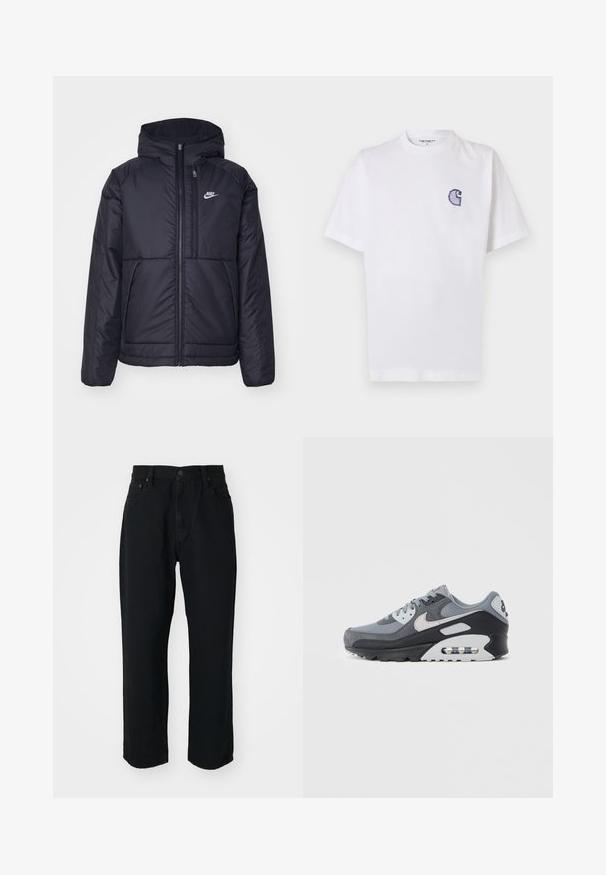 Crna Nike jakna s podstavom, dugmadi sprijeda i kapuljačom. Ima bijeli logotip na lijevoj strani prsnog koša i dva prednja džepa. Glatka vanjska tekstura.; Bijela pamučna majica kratkih rukava, s okruglim izrezom i malim, plavim izvezenim logom "C" na lijevoj strani prsa.; Crne traperice od tankog jeansa s ravnim krojem, laganom teksturom, dizajnom s pet džepova i dugmetom za zatvaranje u struku.; Sivi tenis s mješavinom mrežastih i brušenih materijala, s crnim potplatom i vidljivom zračnom jedinicom. Primjetni svijetlosivi detalji i vezice.