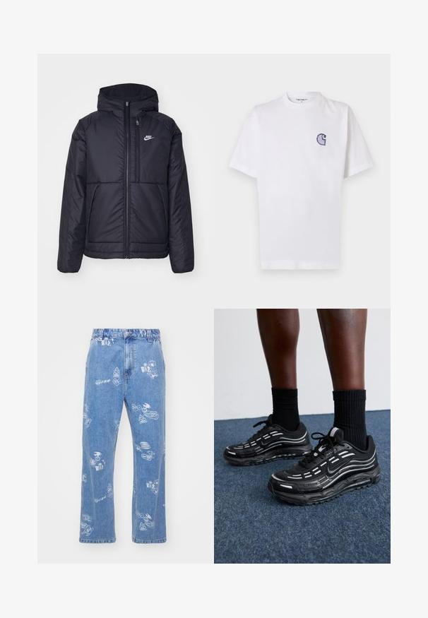 Black, padded Nike jacket with a front zipper and hood. Features a white logo on the left chest and dual front pockets. Smooth exterior texture.; White cotton t-shirt with short sleeves, round neckline, and a small, embroidered blue "C" logo on the left chest area.; Light blue denim jeans featuring a straight leg design. Decorated with various white graphic prints and logos throughout.; Black Nike shoes feature a mesh upper with accent stripes, textured lacing, and a black rubber sole. Worn with black ribbed socks.