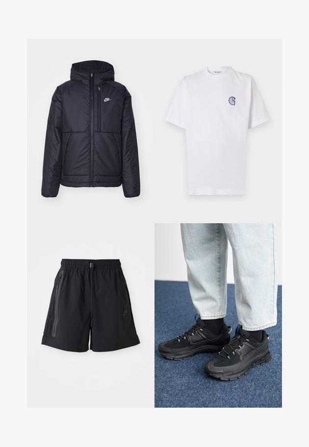 Casaco Nike preto, acolchoado, com fecho à frente e capuz. Apresenta um logo branco no lado esquerdo do peito e dois bolsos frontais. Textura exterior lisa.; T-shirt branca de algodão com mangas curtas, decote redondo e um pequeno logotipo azul "C" bordado no lado esquerdo do peito.; Calções pretos com um cós elástico, cordão ajustável e dois bolsos laterais com fecho. Apresentam um tecido suave e um detalhe discreto com o logótipo.; Sapatilhas desportivas pretas com tecido texturizado e solas em borracha, apresentando atacadores elásticos e um detalhe azul no calcanhar. Usadas com calças de ganga claras.