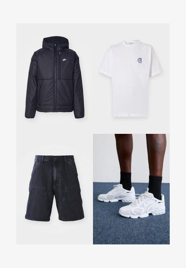 Black, padded Nike jacket with a front zipper and hood. Features a white logo on the left chest and dual front pockets. Smooth exterior texture.; White cotton t-shirt with short sleeves, round neckline, and a small, embroidered blue "C" logo on the left chest area.; Dark denim shorts featuring a straight cut, large front pockets, and a button closure; smooth texture and minimal stitching details.; White athletic shoes with mesh upper, textured accents, and cushioned sole. Paired with black ribbed ankle socks on a blue carpeted surface.