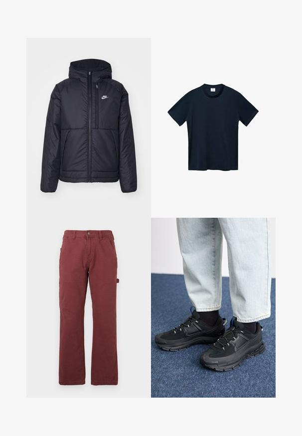 Musta, pehmustettu Nike-takki, jossa on etuvetoketju ja huppu. Vasemmassa rinnassa on valkoinen logo ja takissa on kaksinkertaiset etutaskut. Pintakoe on sileä.; Laivastonsininen lyhythihainen T-paita, joka on valmistettu pehmeästä puuvillasta. Paita on pyöreäkauluksinen ja sen helmassa on puhdas, suora leikkaus ilman näkyviä kuvioita.; Miestne rovné pracovné nohavice v tmavo červenej farbe s prednými vreckami, pútkami na opasok, gombíkovým zapínaním a zipsom, a bočným úchytom na náradie.; Mustat urheilukengät, joissa on teksturoitu kangas ja kumipohjat, elastiset nauhat ja sininen yksityiskohta kannassa. Yhdistetty vaaleisiin farkkuihin.