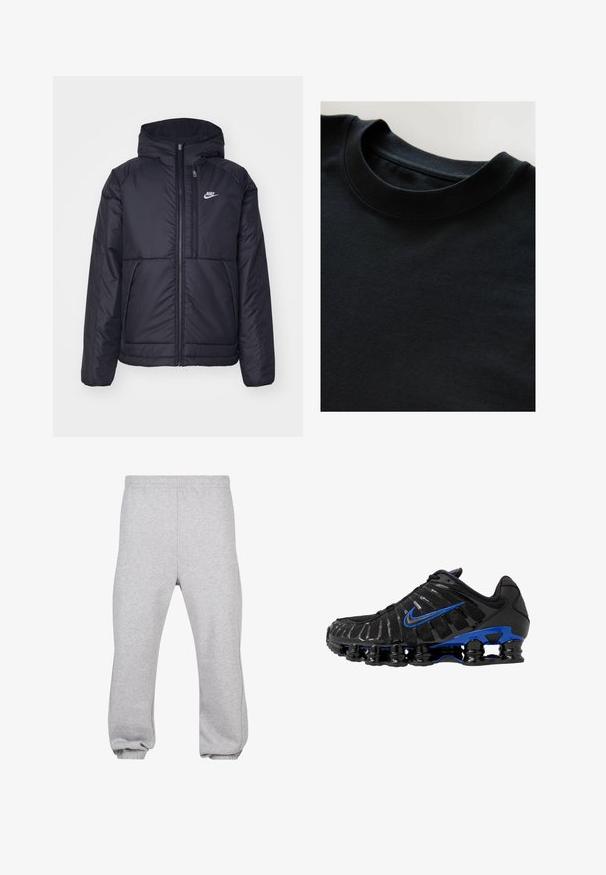 Černá zateplená bunda Nike s předním zipem a kapucí. Na levé straně hrudi má bílé logo a dvojité přední kapsy. Hladký povrch.; Černé crewneck tričko s měkkou texturovanou tkaninou, krátkými rukávy a hladkým výstřihem. Jest jednoduchý design bez vzorů nebo potisků.; Šedé tepláky vyrobené z bavlněné směsi, s elastickým pasem, zúženými nohavicemi a manžetami na koncích. Jednoduchý design bez vzorů.; Černá sportovní bota s síťovaným vrškem a lesklými detaily. Má modrý „swoosh“, polstrovaný límec a výraznou černou gumovou podrážku s viditelným odpružením.