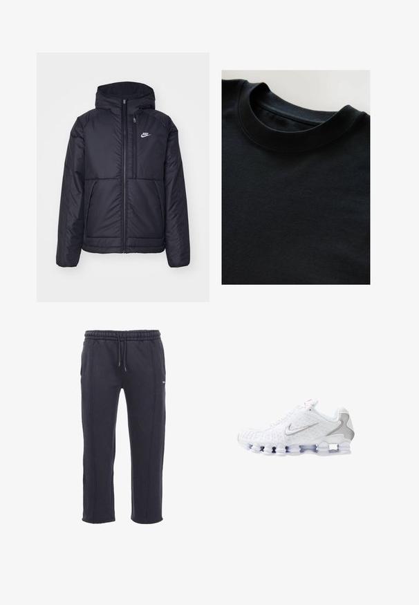 Melna, pufota Nike jaka ar priekšējo rāvējslēdzēju un kapuci. Iezīmēta ar baltu logotipu uz kreisās krūtis un divām priekšējām kabatām. Gluda ārējā tekstūra.; Melna kreklu ar apaļu kakla izgriezumu, mīksta, teksturēta auduma, īsām piedurknēm un gludu kakla izgriezumu. Vienkāršs dizains bez rakstiem vai drukājumiem.; Tumši pelēki treniņbikses, kas izgatavotas no mīksta auduma, ar elastīgu jostu ar auklu, sānu kabatām un redzamu šuvju izšuvumu.; Balti sporta apavi ar teksturētu virsu, sudrabotu swoosh logotipu, acs paneļiem un izteiksmīgu sadalītu baltu zolīti.