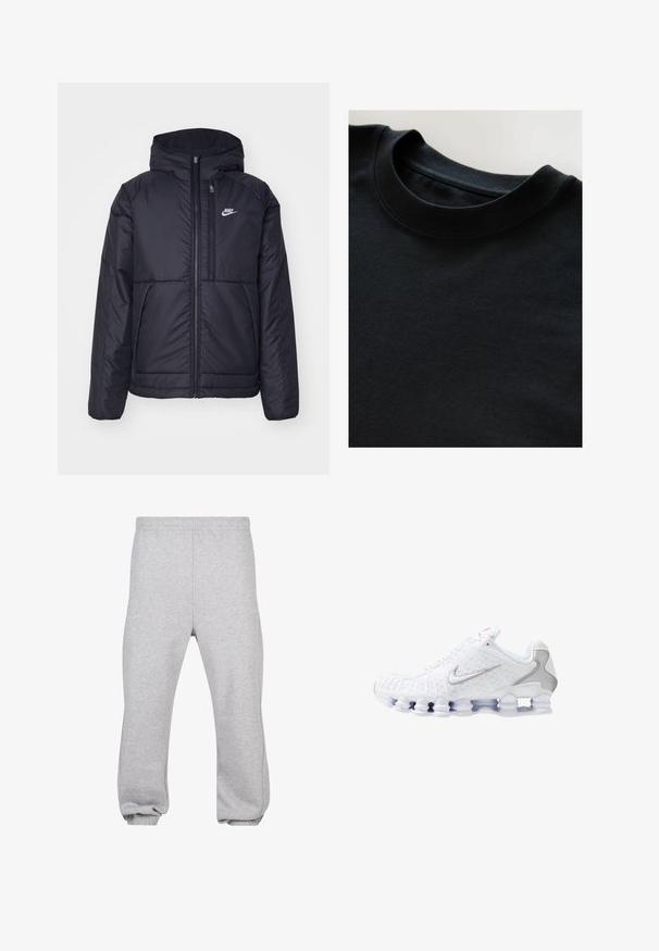 Melna, pufota Nike jaka ar priekšējo rāvējslēdzēju un kapuci. Iezīmēta ar baltu logotipu uz kreisās krūtis un divām priekšējām kabatām. Gluda ārējā tekstūra.; Melna kreklu ar apaļu kakla izgriezumu, mīksta, teksturēta auduma, īsām piedurknēm un gludu kakla izgriezumu. Vienkāršs dizains bez rakstiem vai drukājumiem.; Pelēkās sporta bikses, kas izgatavotas no kokvilnas sajaukuma, ar elastīgu jostu, sašaurinātiem piedurknēm un iecirstiem apakšgaliem. Vienkāršs dizains bez rakstiem.; Balti sporta apavi ar teksturētu virsu, sudrabotu swoosh logotipu, acs paneļiem un izteiksmīgu sadalītu baltu zolīti.