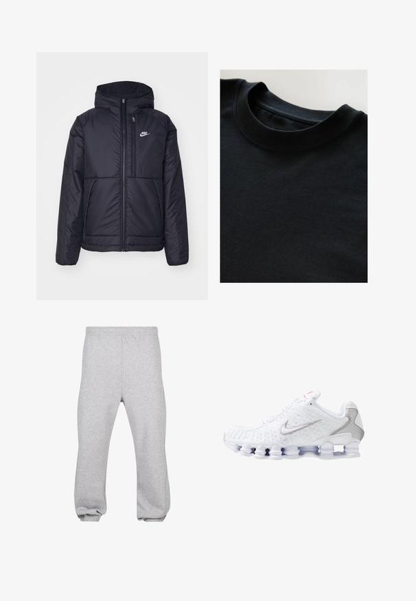 Zwarte, gewatteerde Nike-jas met een voorkant met ritssluiting en capuchon. Kenmerkt zich door een wit logo op de linkerborst en dubbele frontzakken. Gladde buitenkant.; Zwarte crewneck t-shirt met een zachte, gestructureerde stof, korte mouwen en een gladde halslijn. Eenvoudig ontwerp zonder patronen of prints.; Grijze joggingsbroek van een katoenmix, met een elastische tailleband, taps toelopende pijpen en verdfste naden. Eenvoudig ontwerp zonder patronen.; Witte sportieve schoen met een gestructureerde mesh bovenkant, zilveren Nike-logo, gevoerde kraag en unieke doorzichtige plastic zool met veren.