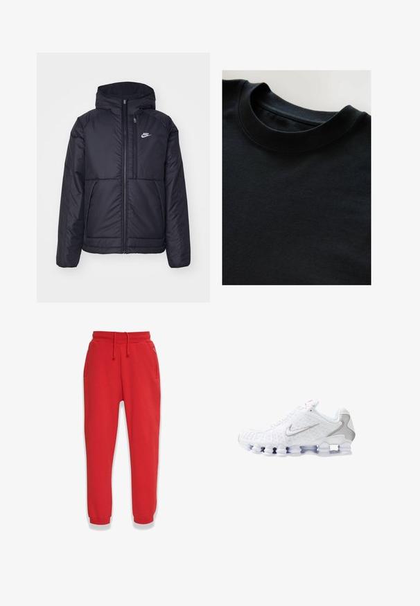 Giacca Nike nera, imbottita, con zip frontale e cappuccio. Presenta un logo bianco sul lato sinistro del petto e doppie tasche frontali. Texture esterna liscia.; Maglietta nera a girocollo realizzata in un tessuto morbido e testurizzato, con maniche corte e scollatura liscia. Design semplice senza motivi o stampe.; Pantaloni della tuta rossi realizzati in un tessuto morbido, con vita elastica e cordino, tasche laterali e gambe affusolate.; Scarpe da ginnastica bianche con tomaia testurizzata, logo a forma di swoosh argentato, pannelli in mesh e suola bianca segmentata distintiva.
