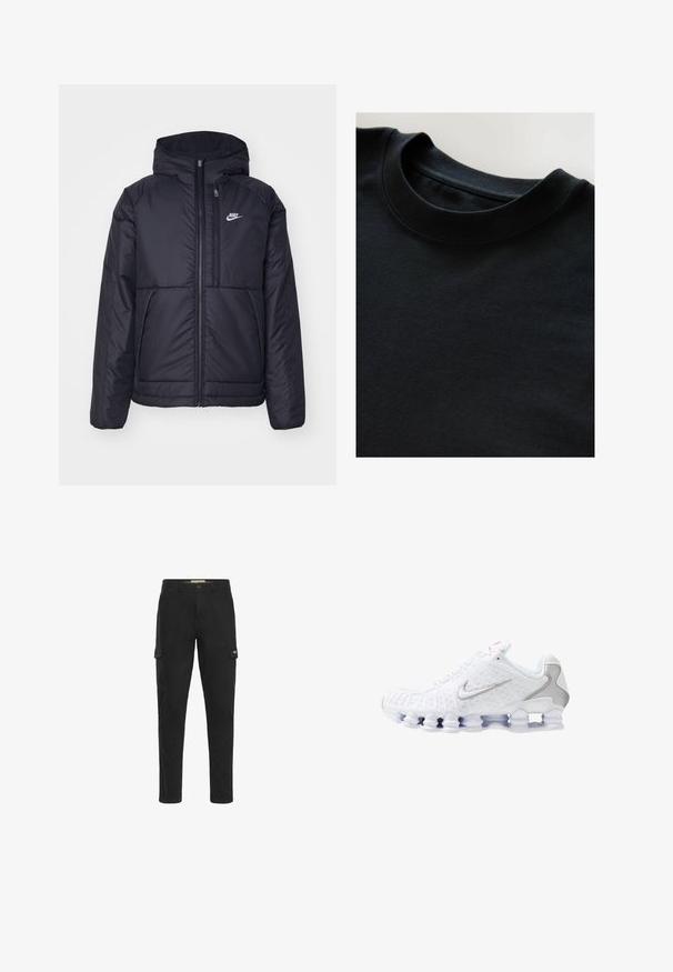 Čierna, polstrovaná bunda Nike so zipsom vpredu a kapucňou. Na ľavej strane hrude sa nachádza biele logo a sú tu dva predné vrecká. Hladký vonkajší povrch.; Čierne tričko s okrúhlym výstrihom, vyrobené z mäkkej štruktúrovanej textílie, s krátkymi rukávmi a hladkým golierom. Jednoduchý dizajn bez vzorov alebo potlače.; Čierne cargo nohavice so štíhlym strihom, ktoré majú dve bočné vrecká a jedno zadné vrecko, vyrobené z odolnej bavlnenej tkaniny.; Biele športové topánky s textúrovaným vrškom, strieborným logom Swoosh, sieťovinovými panelmi a výraznou členitou bielou podrážkou.