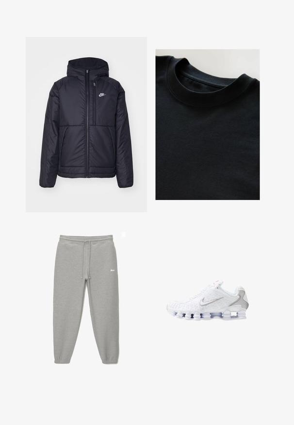 Zwarte, gewatteerde Nike-jas met een voorkant met ritssluiting en capuchon. Kenmerkt zich door een wit logo op de linkerborst en dubbele frontzakken. Gladde buitenkant.; Zwarte crewneck t-shirt met een zachte, gestructureerde stof, korte mouwen en een gladde halslijn. Eenvoudig ontwerp zonder patronen of prints.; Grijze sweatpants met elastische tailleband en koord. Heeft taps toelopende benen en een logo-accent aan de voorkant. Zachte stofstructuur.; Witte sportschoenen met een gestructureerd bovenwerk, een zilveren swoosh-logo, meshpanelen en een opvallende gesegmenteerde witte zool.