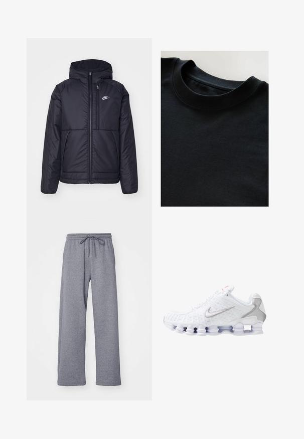 Melna, pufota Nike jaka ar priekšējo rāvējslēdzēju un kapuci. Iezīmēta ar baltu logotipu uz kreisās krūtis un divām priekšējām kabatām. Gluda ārējā tekstūra.; Melna kreklu ar apaļu kakla izgriezumu, mīksta, teksturēta auduma, īsām piedurknēm un gludu kakla izgriezumu. Vienkāršs dizains bez rakstiem vai drukājumiem.; Pelēki, platajās kājās sporta bikses ar pievilkšanas jostu. Izgatavotas no mīkstas, teksturētas auduma, ar brīvu piegriezumu un taisnu kāju griezumu.; Balta sporta apava ar teksturētu sieta augšdaļu, sudraba Nike logo, polsterētu apkakli un unikālu caurspīdīgu plastmasas zoli ar atsperēm.