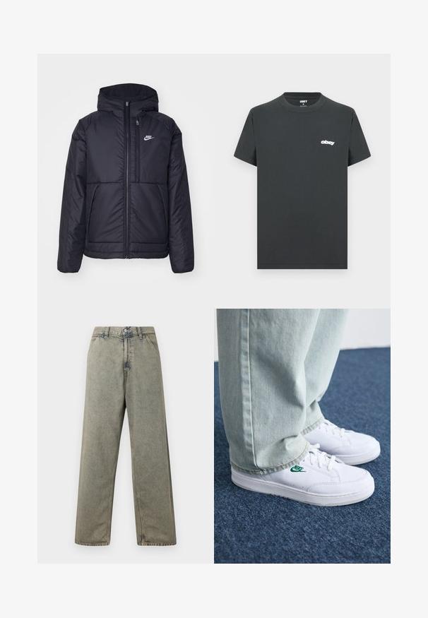 Czarna, pikowana kurtka Nike z przednim zamkiem błyskawicznym i kapturem. Posiada białe logo po lewej stronie klatki piersiowej oraz podwójne kieszenie z przodu. Gładka struktura zewnętrzna.; Czarna bawełniana koszulka z krótkim rękawem, okrągłym dekoltem i białym logo "obey" na lewej piersi. Gładka faktura, klasyczny krój.; Szerokie dżinsy w kolorze wyblakłego szarości, z zapięciem na guziki i tradycyjnym pięciopocketowym krojem, z widocznymi detalami w przeszyciach.; Białe skórzane sneakersy z zielonym logo Nike, okrągły czubek, płaska podeszwa, zestawione z jasnoniebieskimi dżinsami, pokazane na niebieskim dywanie.