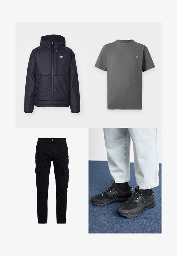 Czarna, pikowana kurtka Nike z przednim zamkiem błyskawicznym i kapturem. Posiada białe logo po lewej stronie klatki piersiowej oraz podwójne kieszenie z przodu. Gładka struktura zewnętrzna.; Szara koszulka z krótkim rękawem, wykonana z bawełny; posiada subtelne logo w odcieniach pomarańczowego i burgundowego na piersi. Podstawowy fason z okrągłym dekoltem.; Czarne bawełniane spodnie cargo o slim fit, z bocznymi kieszeniami i zapięciem na guzik z przodu. Teksturowana, trwała tkanina o wszechstronnym designie.; Czarne buty sportowe z teksturowanej tkaniny i gumowymi podeszwami, z elastycznymi sznurówkami i niebieskim akcentem na pięcie. Noszone z jasnymi dżinsami.