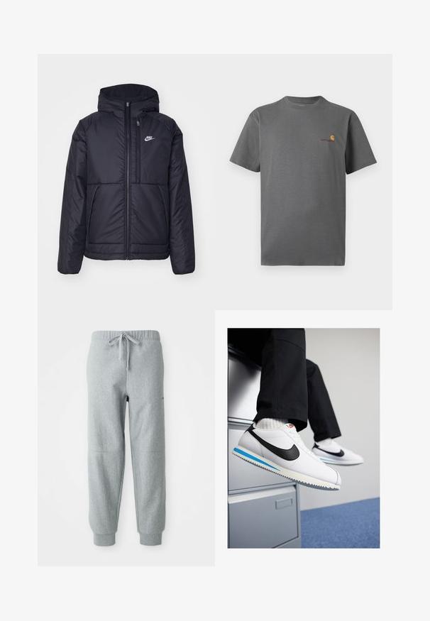 Musta, pehmustettu Nike-takki, jossa on etuvetoketju ja huppu. Vasemmassa rinnassa on valkoinen logo ja takissa on kaksinkertaiset etutaskut. Pintakoe on sileä.; Harmaa lyhythihainen t-paita, joka on valmistettu puuvillasta; rinnassa on hienovarainen oranssi ja viininpunainen logo. Perus pyöreä kaula-aukko.; Harmaat fleece-housut, joissa on joustava vyötärö, nyöri ja käänteet nilkoissa. Ominaisuuksina teksturoitu kangas ja hienovaraiset sauman yksityiskohdat.; Valkoiset nahkakengät, joissa on musta Nike-logomerkki, vaaleansininen ja harmaa kumipohja sekä klassinen nauhakiinnitys. Jalat lepäävät asiakirjakaapilla.