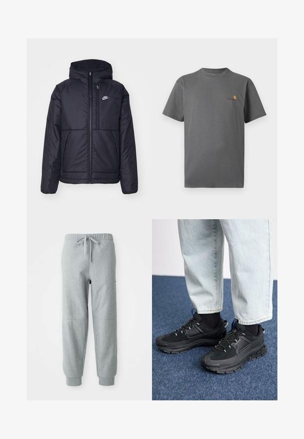 Black, padded Nike jacket with a front zipper and hood. Features a white logo on the left chest and dual front pockets. Smooth exterior texture.; Gray short-sleeve t-shirt made of cotton; features a subtle logo in orange and burgundy on the chest. Basic crew neck design.; Grey fleece jogger pants with an elastic waistband, drawstring, and cuffed ankles. Features textured fabric and subtle seam detailing.; Black athletic shoes with textured fabric and rubber soles, featuring elastic laces and a blue accent on the heel. Worn with light denim pants.