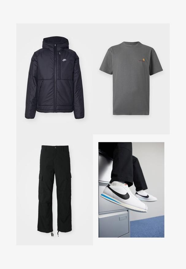 Veste Nike noire rembourrée avec une fermeture éclair sur le devant et une capuche. Elle présente un logo blanc sur la poitrine gauche et deux poches avant. Texture extérieure lisse.; T-shirt gris à manches courtes en coton ; présente un logo subtil en orange et bordeaux sur la poitrine. Design de col rond basique.; Pantalons cargo noirs en tissu durable, comportant deux poches latérales, une fermeture à bouton et des ourlets ajustables pour un look décontracté et ample.; Baskets en cuir blanc avec un logo Nike en swoosh noir, semelle en caoutchouc bleu clair et gris, et design classique à lacets. Pieds reposant sur un cabinet de rangement.