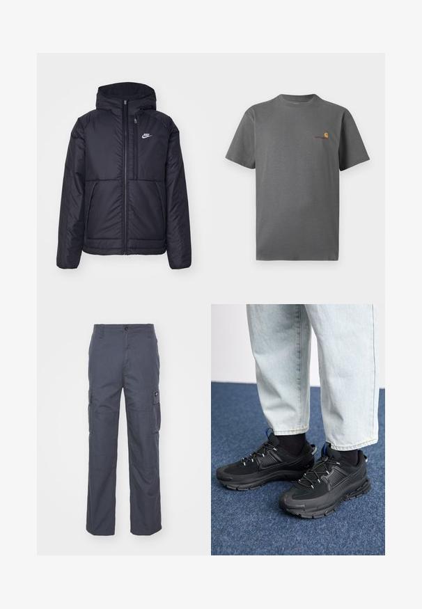 Black, padded Nike jacket with a front zipper and hood. Features a white logo on the left chest and dual front pockets. Smooth exterior texture.; Gray short-sleeve t-shirt made of cotton; features a subtle logo in orange and burgundy on the chest. Basic crew neck design.; Cargo pants in a dark gray fabric, featuring wide legs, multiple side pockets, and a button closure at the waist. Smooth texture and sturdy design.; Black athletic shoes with textured fabric and rubber soles, featuring elastic laces and a blue accent on the heel. Worn with light denim pants.
