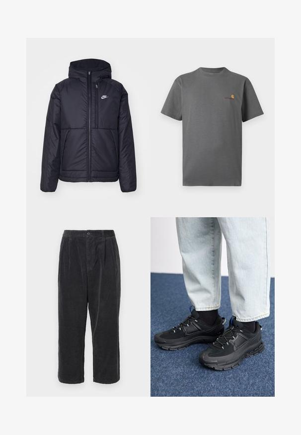 Black, padded Nike jacket with a front zipper and hood. Features a white logo on the left chest and dual front pockets. Smooth exterior texture.; Gray short-sleeve t-shirt made of cotton; features a subtle logo in orange and burgundy on the chest. Basic crew neck design.; Dark gray corduroy trousers with a loose fit, featuring a button closure, pleats, and cropped length, displaying a ribbed texture.; Black athletic shoes with textured fabric and rubber soles, featuring elastic laces and a blue accent on the heel. Worn with light denim pants.