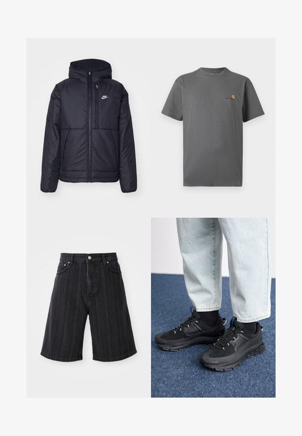 Črna, podložena Nike jakna z sprednjim zadrgo in kapuco. Ima bel logo na levem prsnem delu in dvojna sprednja žepa. Gladka zunanja tekstura.; Siva majica s kratkimi rokavi iz bombaža; ima subtilen logo v oranžni in burgundski na prsih. Osnovna zasnova s krožnim vratom.; Črni jeans kratke hlače širokega kroja, okrašene z vertikalnimi črtami, z sprednjimi žepi in kovinskimi dodatki.; Črne športne čevlje z teksturirano tkanino in gumijastimi podplati, ki imajo elastične vezalke ter modre poudarke na peti. Nosi se z lahkimi denim hlačami.