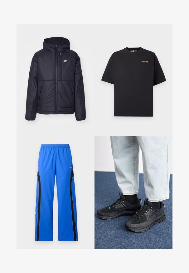 Schwarze, gepolsterte Nike-Jacke mit Frontreißverschluss und Kapuze. Hat ein weißes Logo auf der linken Brust und zwei Fronttaschen. Glattes äußeres Material.; Schwarzes Timberland T-Shirt mit kurzen Ärmeln und Rundhalsausschnitt, mit kleinem beigefarbenem Logo auf der oberen linken Brust, vor einem weißen Hintergrund präsentiert.; Blaue Sporthosen aus leichtem Stoff, mit schwarzen seitlichen Einsätzen und weißen Paspelierungen. Elastischer Bund für einen sicheren Sitz.; Schwarze Sportschuhe aus strukturiertem Stoff mit Gummisohlen, ausgestattet mit elastischen Schnürsenkeln und einem blauen Akzent an der Ferse. Getragen mit hellen Jeans.