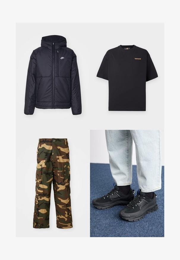 Veste Nike noire rembourrée avec une fermeture éclair sur le devant et une capuche. Elle présente un logo blanc sur la poitrine gauche et deux poches avant. Texture extérieure lisse.; T-shirt noir à col rond et manches courtes de Timberland avec un petit logo beige sur le côté supérieur gauche de la poitrine, présenté sur un fond blanc.; Pantalons cargo camouflage en vert, marron et beige. Dotés de deux grandes poches latérales et d'une fermeture à bouton. Fabriqués en tissu texturé.; Des chaussures de sport noires avec un tissu texturé et des semelles en caoutchouc, dotées de lacets élastiques et d'un accent bleu au talon. Portées avec un pantalon en denim clair.