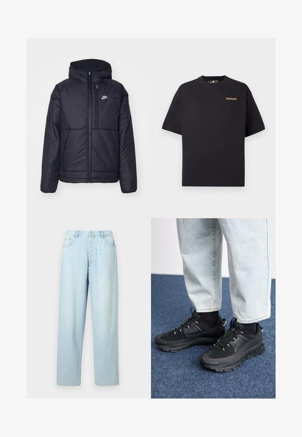 Must musta Nike jope, millel on ees lukuga avamine ja kapuuts. Vasakpoolne rind on kaunistatud valge logoga ning ees on kaks taskut. Sile välimine tekstuur.; Must helevarviga must Timberlandi T-särk lühikeste varrukatega ja ümar kaelus, mille ülemises vasakus rinnas on väike beež logo, esitatud valgel taustal.; Heledad sinine, kõrge vöökohaga teksapüksid sirgete jalgade lõikega, valmistatud denimist, viie tasku ja ees oleva nööbiga. ; Mustad mustad jooksukingad, millel on tekstureeritud kangas ja kummist tallad, elastsed nöörid ning sinine aksent kandadel. Kandmine heledate teksadega.