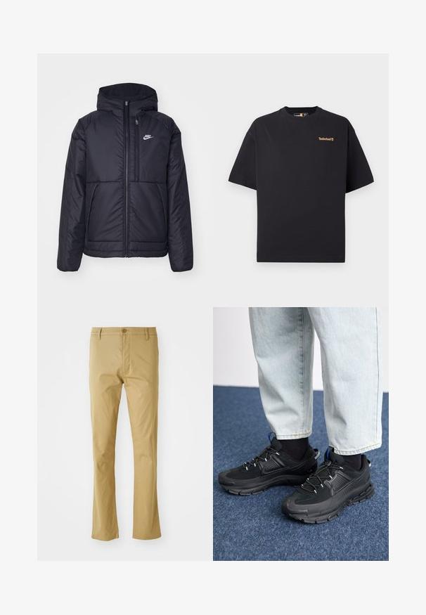 Must musta Nike jope, millel on ees lukuga avamine ja kapuuts. Vasakpoolne rind on kaunistatud valge logoga ning ees on kaks taskut. Sile välimine tekstuur.; Must helevarviga must Timberlandi T-särk lühikeste varrukatega ja ümar kaelus, mille ülemises vasakus rinnas on väike beež logo, esitatud valgel taustal.; Heledbeezid püksid, mis on valmistatud puuvillast, otse jala disainiga, esitavad esipoolse nööbi sulgemise ja peene tekstuuriga. Ilma mustrite või aktsentideta.; Mustad mustad jooksukingad, millel on tekstureeritud kangas ja kummist tallad, elastsed nöörid ning sinine aksent kandadel. Kandmine heledate teksadega.