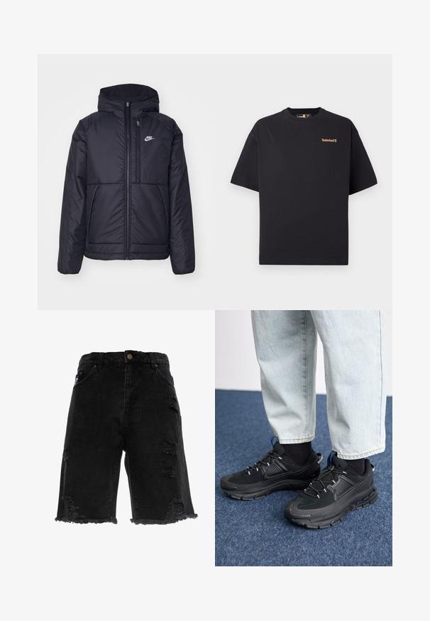 Černá zateplená bunda Nike s předním zipem a kapucí. Na levé straně hrudi má bílé logo a dvojité přední kapsy. Hladký povrch.; Černé tričko Timberland s krátkým rukávem a kulatým výstřihem, s malým hnědým logem na levé části hrudi, vystavené na bílém pozadí.; Černé denimové šortky s třepeným lemem, s poškozeným vzhledem a rovný střih. Obsahují tradiční přední kapsy a kovový knoflík.; Černé sportovní boty s texturovanou tkaninou a gumovou podrážkou, s elastickými tkaničkami a modrým akcentem na patě. Nosí se s světlými džíny.