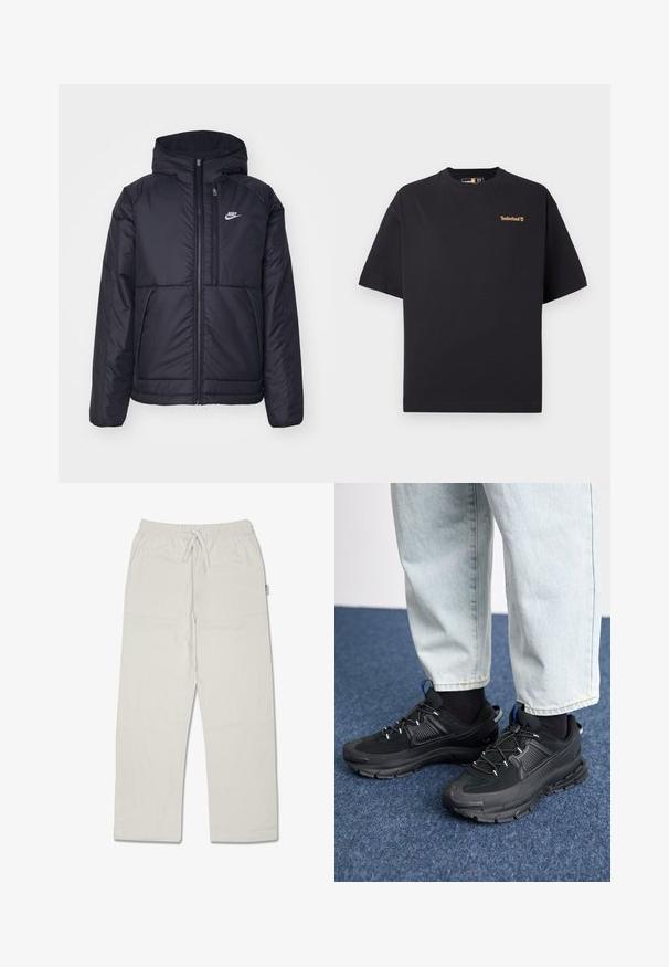 Crna Nike jakna s podstavom, dugmadi sprijeda i kapuljačom. Ima bijeli logotip na lijevoj strani prsnog koša i dva prednja džepa. Glatka vanjska tekstura.; Crna kratka majica s kružnim izrezom Timberland s kratkim rukavima i malim bež logotipom na gornjem lijevom dijelu prsa, prikazana na bijeloj pozadini.; Svijetlosivi hlače opuštenog kroja izrađene od teksturiranog materijala s elastičnom trakom u struku i podesivim vezicom; imaju bočne džepove.; Crne atletske cipele s teksturiranom tkaninom i gumene potplate, s elastičnim vezicama i plavim akcentom na peti. Nosene su s svijetlim trapericama.