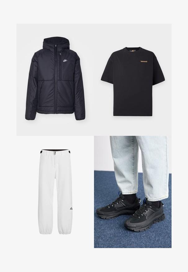 Veste Nike noire rembourrée avec une fermeture éclair sur le devant et une capuche. Elle présente un logo blanc sur la poitrine gauche et deux poches avant. Texture extérieure lisse.; T-shirt noir à col rond et manches courtes de Timberland avec un petit logo beige sur le côté supérieur gauche de la poitrine, présenté sur un fond blanc.; Pantalons blancs avec taille ajustée, deux boutons métalliques et poignets élastiques. Présente un logo en triangle sur la jambe gauche. Texture de tissu lisse.; Des chaussures de sport noires avec un tissu texturé et des semelles en caoutchouc, dotées de lacets élastiques et d'un accent bleu au talon. Portées avec un pantalon en denim clair.