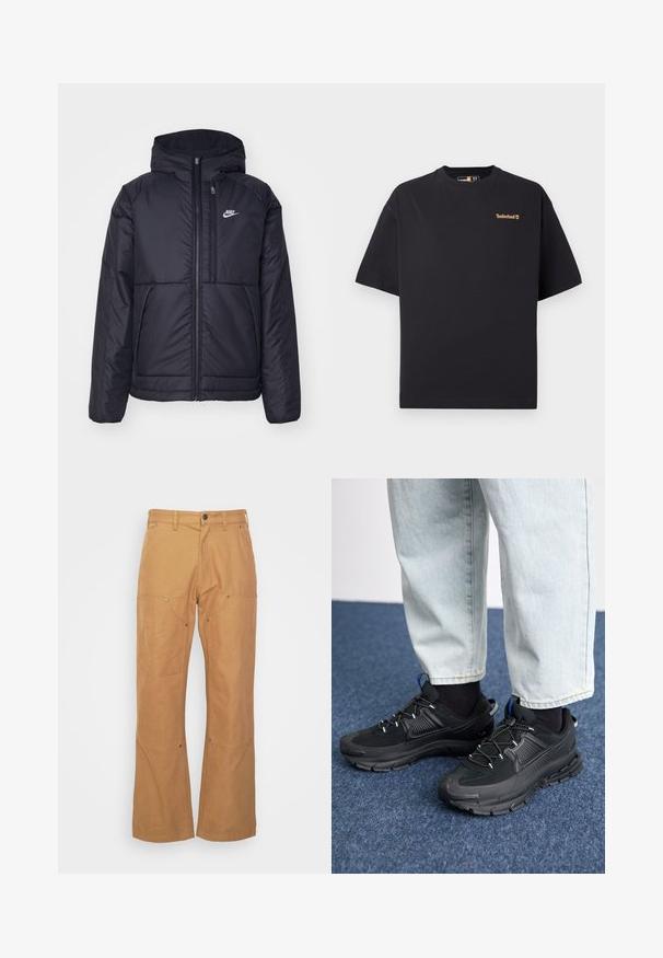Giacca Nike nera, imbottita, con zip frontale e cappuccio. Presenta un logo bianco sul lato sinistro del petto e doppie tasche frontali. Texture esterna liscia.; T-shirt nero a maniche corte con collo rotondo di Timberland, con piccolo logo beige sul lato sinistro del petto, esposto su uno sfondo bianco.; Pantaloni cargo marroni realizzati in tessuto resistente, con tasche laterali, dettagli in metallo, gamba dritta e vita regolare.; Scarpe sportive nere con tessuto testurizzato e suole in gomma, dotate di lacci elastici e un accento blu sul tallone. Indossate con pantaloni in denim chiaro.