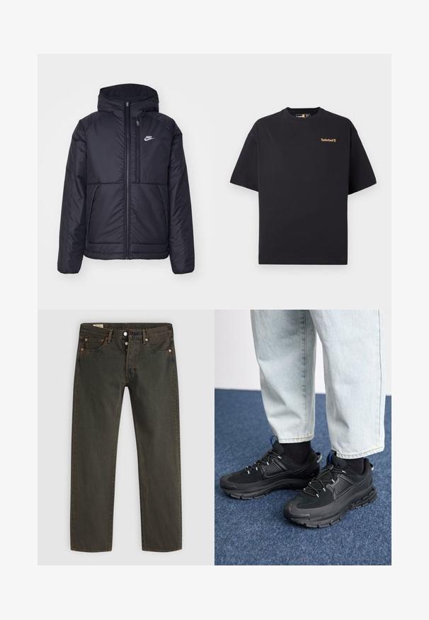 Zwarte, gewatteerde Nike-jas met een voorkant met ritssluiting en capuchon. Kenmerkt zich door een wit logo op de linkerborst en dubbele frontzakken. Gladde buitenkant.; Zwarte T-shirt met korte mouwen en ronde hals van Timberland, met een klein tan logo op de bovenste linkerborst, gepresenteerd op een witte achtergrond.; Donkergroene jeans gemaakt van denim, met een rechte pijp, vijf zakken, hardware in kopertint en een subtiel waspatroon.; Zwarte sportschoenen met gestructureerde stof en rubberen zolen, met elastische veters en een blauwe accent op de hiel. Draag samen met lichte spijkerbroeken.