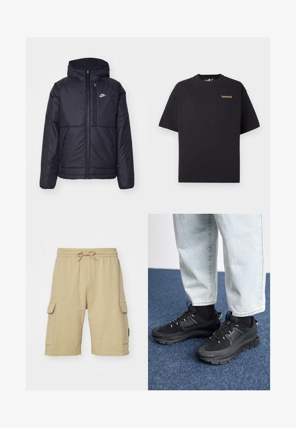 Fekete, párnázott Nike dzseki elülső cipzárral és kapucnival. A bal mellen fehér logó található, valamint két elülső zseb. Simának tűnő külső felület.; Fekete, rövid ujjú, kerek nyakú Timberland póló, kicsi, világosbarna logóval a bal felső mellrészén, fehér háttér előtt.; Beige pamut cargo short, elasztikus derékkel, húzózsinórral és oldalsó zsebekkel. Simább textúra és térd hosszúságú dizájn.; Fekete sportcipők texturált anyaggal és gumitalppal, elasztikus fűzőkkel és kék kiegészítővel a saroknál. Világos farmernadrággal viselve.