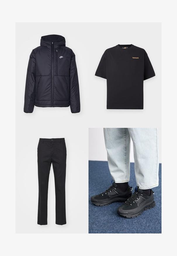 Casaco Nike preto, acolchoado, com fecho à frente e capuz. Apresenta um logo branco no lado esquerdo do peito e dois bolsos frontais. Textura exterior lisa.; Camiseta preta de mangas curtas e com decote redondo da Timberland, com um pequeno logótipo castanho no lado superior esquerdo do peito, apresentada sobre um fundo branco.; Calças pretas feitas de um tecido liso, apresentando um corte reto, bolsos frontais e um fecho de botão único na cintura.; Sapatilhas desportivas pretas com tecido texturizado e solas em borracha, apresentando atacadores elásticos e um detalhe azul no calcanhar. Usadas com calças de ganga claras.